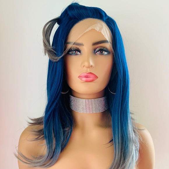 Angled Blue Grey 13x2.5 Synthetic Lace Front Wig - Picture 5 of 12